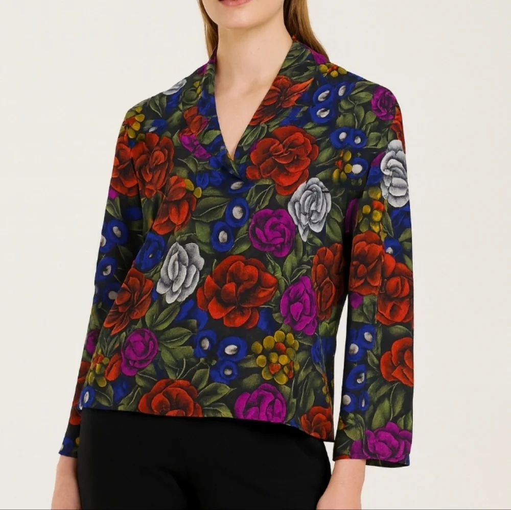 Martinique Floral Shawl Collar Pullover With Faux Button Font Gem Colors 8 - Picture 3 of 9
